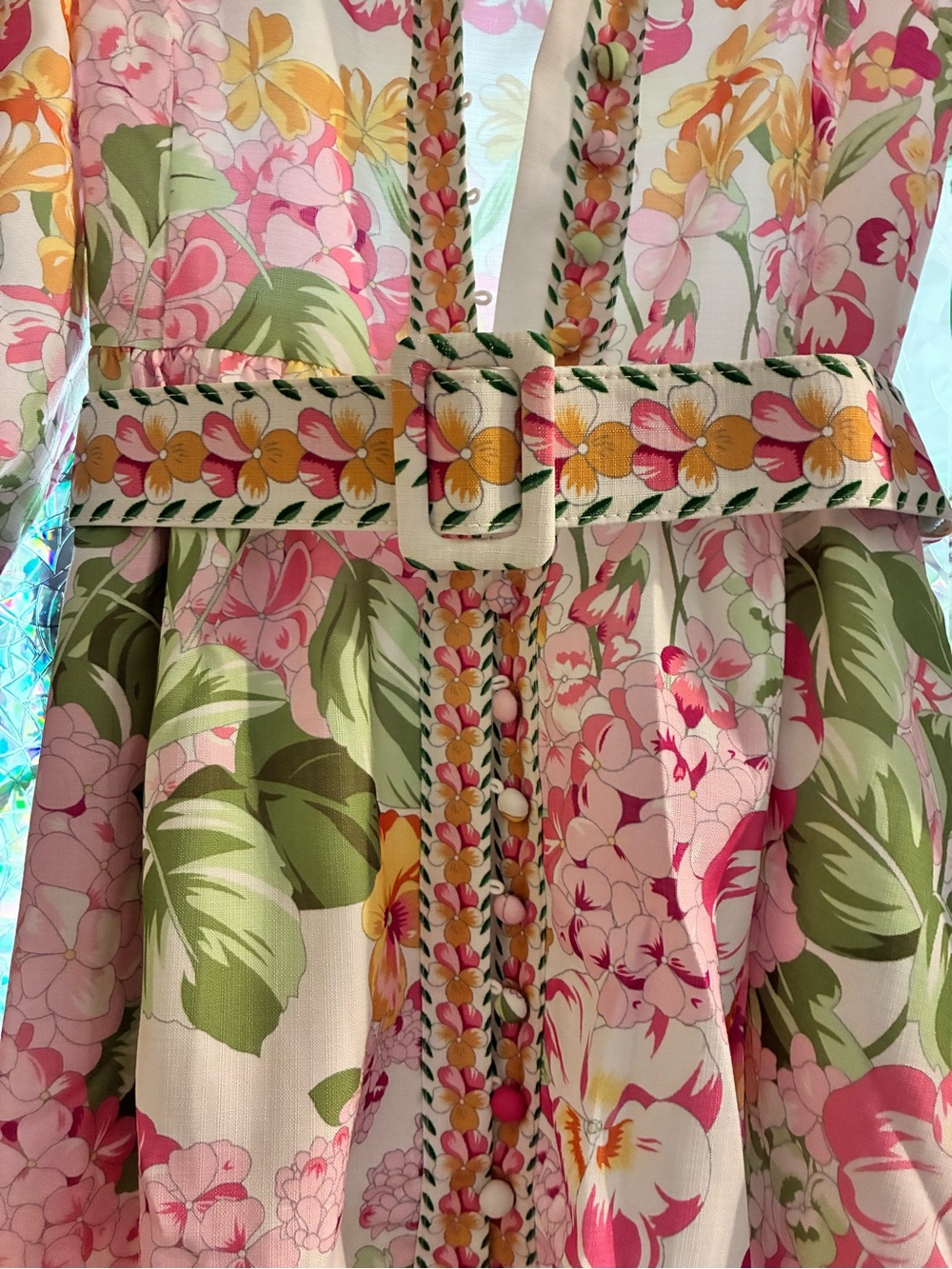 Nancy Yang floral white pink puff sleeve midi belt dress size XL